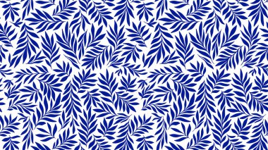 Indigo Blue Flowing Leaves Tropikal Vektör Egzotik Kusursuz Desen Yazın Duvar Kağıdı, Geleneksel Kumaş Tekstil Tasarımı. El Çizimi Siluetler Botanik Çizim Sanatı Yazısı