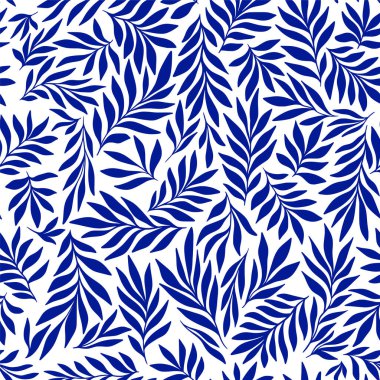 Indigo Blue Flowing Leaves Tropikal Vektör Egzotik Kusursuz Desen Yazın Duvar Kağıdı, Geleneksel Kumaş Tekstil Tasarımı. El Çizimi Siluetler Botanik Çizim Sanatı Yazısı