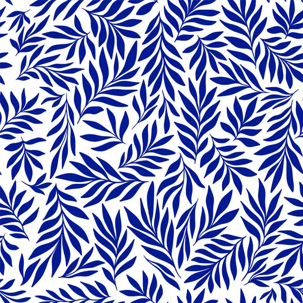 Indigo Blue Flowing Leaves Tropikal Vektör Egzotik Kusursuz Desen Yazın Duvar Kağıdı, Geleneksel Kumaş Tekstil Tasarımı. El Çizimi Siluetler Botanik Çizim Sanatı Yazısı