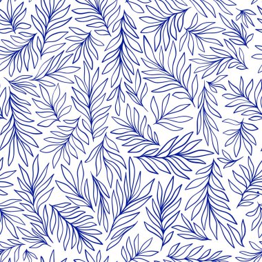 Indigo Mavi Akan Yapraklar Tropikal Tasarım Vektörü Egzotik Şekilsiz Yazın Duvar Kağıdı, Geleneksel Kumaş Tekstil Tasarımı. Contour Çizim Sanatı Yazdırma Çizimi