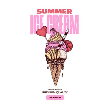Pembe Yaz Tatlıları Typography Tişört Vektör Tasarım Şablonları, Dondurma Çizimi Retro El Çizimi Kafe veya Restoran Sanatı Posteri