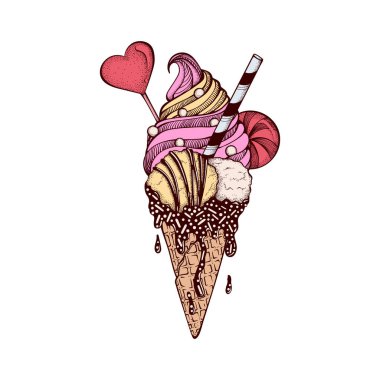 Kalp Şekeri Dondurması Şekerli ve Çikolatalı Şekerli Şekerleme Şekerlemeli Vektör İzole İllüstrasyon, Kafe veya Restoran Sanatı için Retro Çizim El Tasarımı
