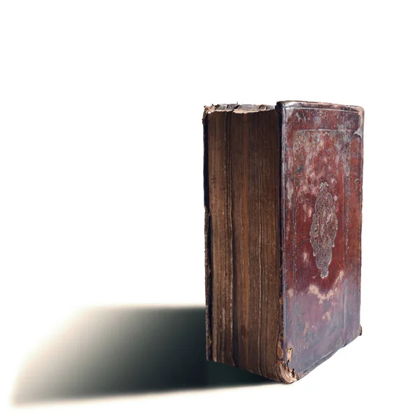 Altın Kabartmalı Deri Kaplı Kitap Tevrat Kitabı Gölgeli Beyaz Arka — Stok fotoğraf
