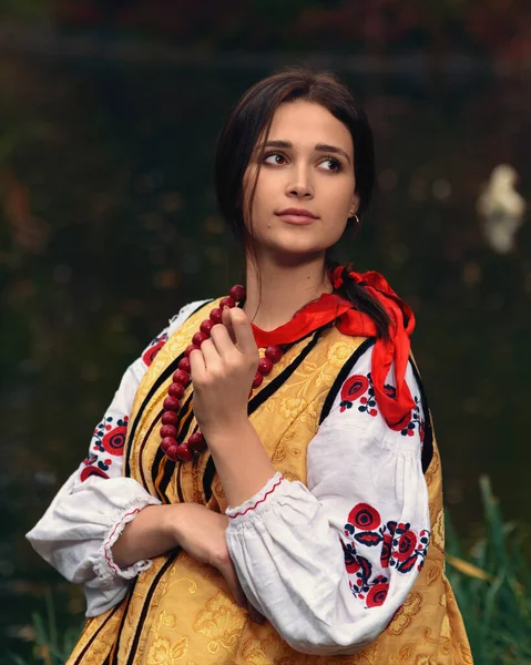 年轻女子穿着传统的乌克兰绣花服装 维希万卡 一个有着长长的黑头发和棕色眼睛的美丽而自信的女孩的画像 古董店 — 图库照片