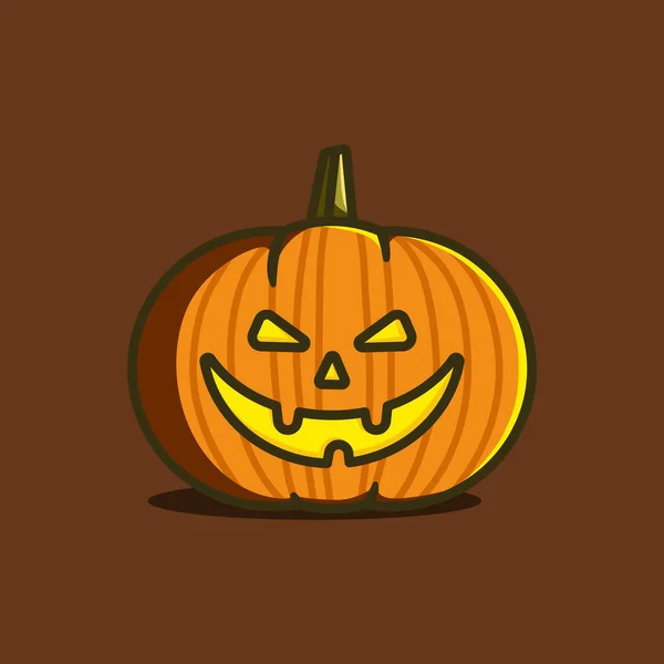 Halloween pumpkin vector illustration. Cartoon spooky night character, scarry decoration with grinning smile. Flat Jack Lantern with light inside design