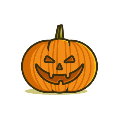 Cadılar Bayramı sevimli balkabağı vektör illüstrasyonu. Çizgi film karakterleri, sırıtan gülüşlü korkunç dekorasyonlar. Düz Jack Fener tasarımı beyaz arkaplanda izole edildi