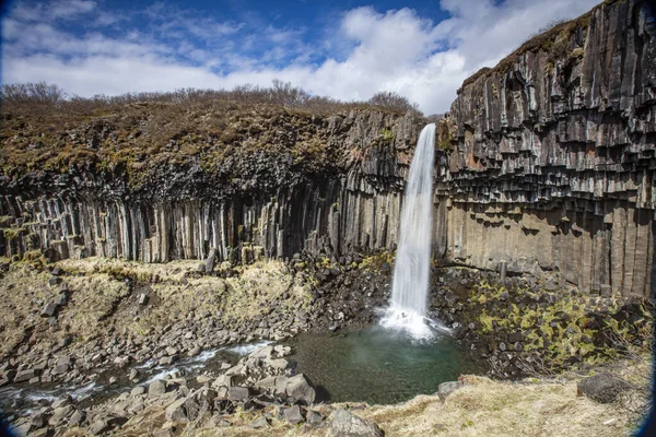 Cascada Svartifoss Rodeada Columnas Basalto Sur Islandia —  Fotos de Stock