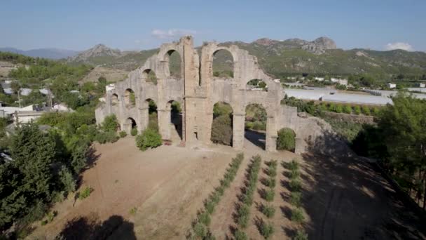 Flygdrönare Video Aspendos Antika Teater Antalya Turkiet Visar Imponerande Ruiner — Stockvideo