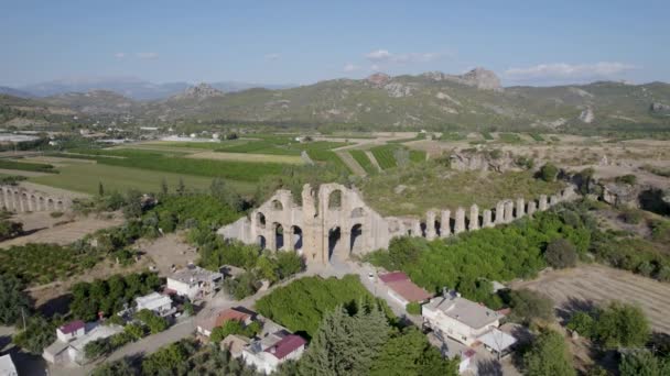 Flygdrönare Video Aspendos Antika Teater Antalya Turkiet Visar Imponerande Ruiner — Stockvideo