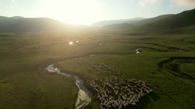 Perembe Platosu 'nun hava manzarası. Yollar ve koyun sürüleri.