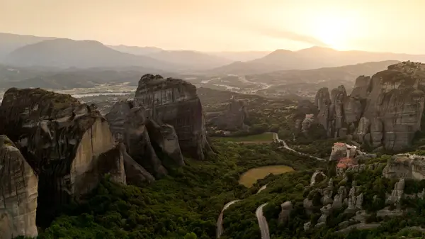 stock image Meteora, Kalabaka, Greece. Monastery of the Transfiguration of the Saviour. Meteora - rocks, up to 600 meters high. There are 6 active Greek Orthodox monasteries listed on UNESCO list, Aerial View