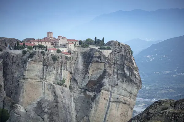 stock image Meteora, Kalabaka, Greece. Monastery of the Transfiguration of the Saviour. Meteora - rocks, up to 600 meters high. There are 6 active Greek Orthodox monasteries listed on UNESCO list, Aerial View