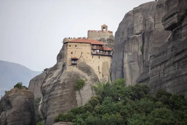 stock image Meteora, Kalabaka, Greece. Monastery of the Transfiguration of the Saviour. Meteora - rocks, up to 600 meters high. There are 6 active Greek Orthodox monasteries listed on UNESCO list, Aerial View