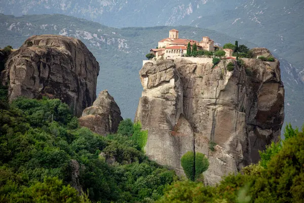 stock image Meteora, Kalabaka, Greece. Monastery of the Transfiguration of the Saviour. Meteora - rocks, up to 600 meters high. There are 6 active Greek Orthodox monasteries listed on UNESCO list, Aerial View