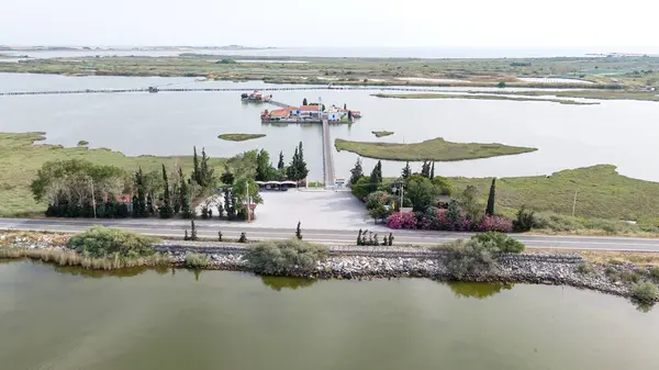 stock image Aerial drone view od Agios Nikolaos Monastery on the Vistonida Lake at Porto Lagos, Greece