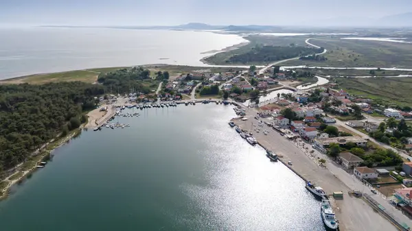 stock image Aerial drone view od Agios Nikolaos Monastery on the Vistonida Lake at Porto Lagos, Greece