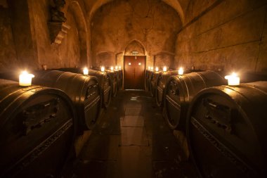 Restoranda Almanya 'nın en eski şarabı Rudesheimer Apostelwein bulunur. Bremen, Almanya.