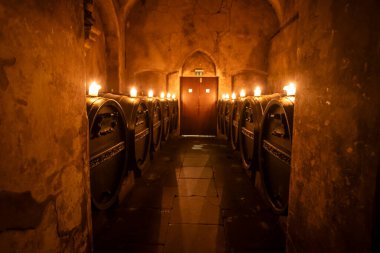 Restoranda Almanya 'nın en eski şarabı Rudesheimer Apostelwein bulunur. Bremen, Almanya.