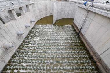 Havalandırma havzasında biyolojik tedavi süreci. Özel ekipman, oksijen girişi yoluyla organik kirleticilerin bozulmasına hizmet eder.