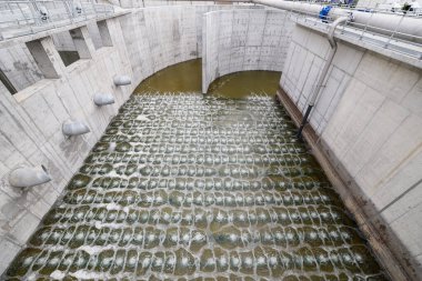 Havalandırma havzasında biyolojik tedavi süreci. Özel ekipman, oksijen girişi yoluyla organik kirleticilerin bozulmasına hizmet eder.