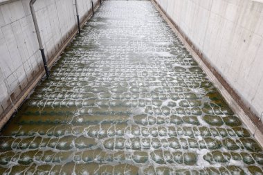 Havalandırma havzasında biyolojik tedavi süreci. Özel ekipman, oksijen girişi yoluyla organik kirleticilerin bozulmasına hizmet eder.