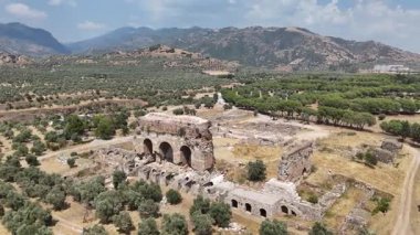 Türkiye 'nin Aydın kentinde dağları ve zeytin ağaçlarıyla antik Tralleis kalıntıları
