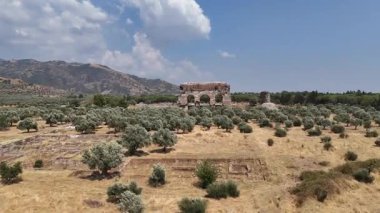 Türkiye 'nin Aydın kentinde dağları ve zeytin ağaçlarıyla antik Tralleis kalıntıları