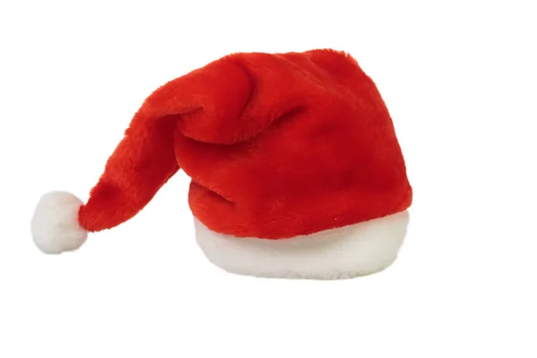 Červený Klobouk Santa Clause Izolované Bílém Pozadí Detailní Záběr — Stock fotografie