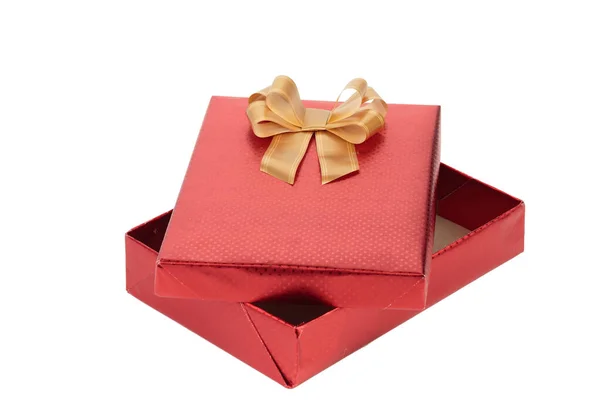 Rode Geschenkdoos Met Gouden Lint Strik Geïsoleerd Witte Achtergrond Close — Stockfoto