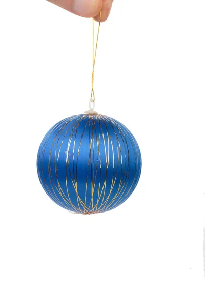 Donkerblauwe Kerstbal Een Gouden Kant Geïsoleerd Witte Achtergrond Close — Stockfoto