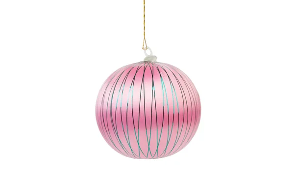 Roze Kerstbal Met Zilveren Strepen Een Gouden Kant Geïsoleerd Witte — Stockfoto