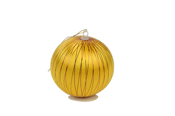 Bola Natal Amarelo Com Listras Prata Laço Dourado Isolado Sobre — Fotografia de Stock