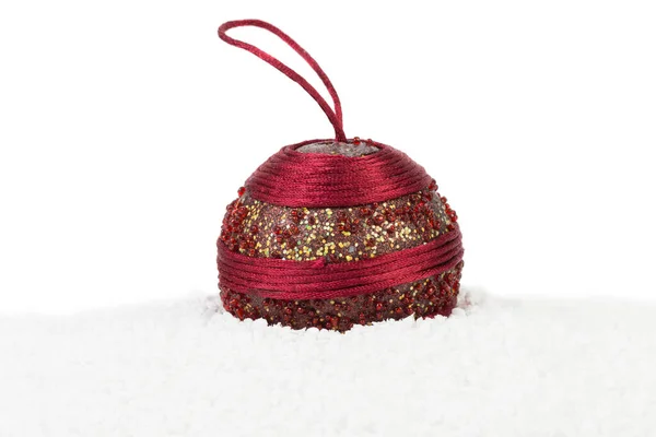 Dark Red Christmas Ball Red Laces Located Artificial Snow Close — Stock Photo, Image