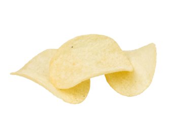 Üç tane Goldish Lezzetli Patates cipsi. Beyaz arka planda izole edilmiş. Yakın plan..