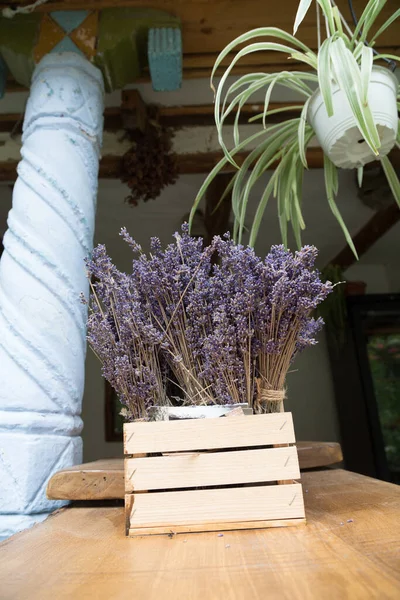 Beautiful blooming lavender in a wooden decorative box. Close-up.