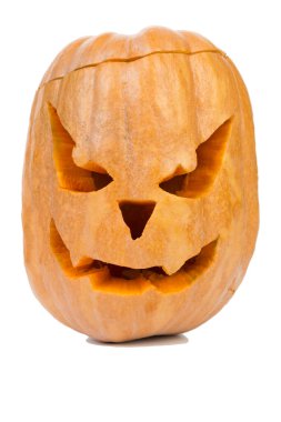 Cadılar Bayramı balkabağı kafalı Jack Lantern. Beyaz arka planda izole edilmiş. Yakın plan..