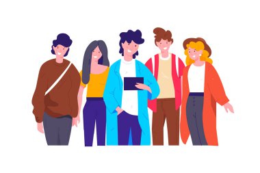  Mutlu arkadaşlar birlikte video izliyorlar. Tablet bilgisayar ekranına bakan, modaya uygun giyinmiş, gülümseyen kadın ve erkeklerden oluşan bir grup. Parlak renkli vektör çizimi. Vektör illüstrasyonu