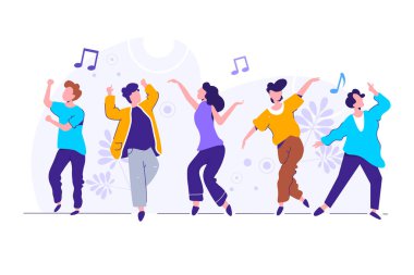 Bir grup mutlu dansçı ya da beyaz arka planda izole edilmiş erkek ve kadın dansçılar. Dans partisinden zevk alan gülümseyen genç erkekler ve kadınlar. Düz çizgi film tarzında renkli vektör illüstrasyonu