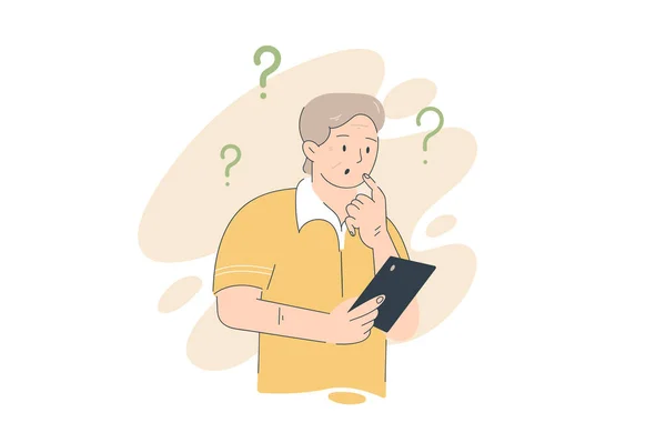 Senior Man Reading News Digital Tablet Question Hand Drawn Style — Stock Vector