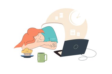 Teslim tarihi, fazla çalışma, uyku, iş konsepti. Yorgun yorgun iş adamı yönetici ofis masasında kestiriyor. El çizimi stili vektör tasarımı illüstrasyonu.