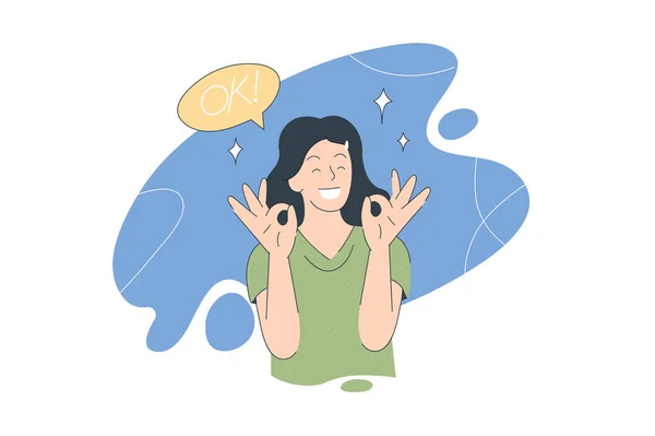 Woman Showing Gesture Okay Hand Drawn Style Vector Design Illustrations — Image vectorielle