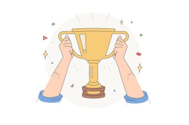 Zafer kupası ile el. El çizimi stili vektör tasarımı çizimleri. Vektör illüstrasyonu
