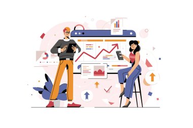 Bilgi grafikleri. Bir işletmenin tasviri, ofis çalışanları bir sütun grafiği üzerinde bilgi grafiği çalışırlar, evrimsel ölçeği analiz ederler, iş görüşmeleri, vektör illüstrasyonunu yükseltirler.