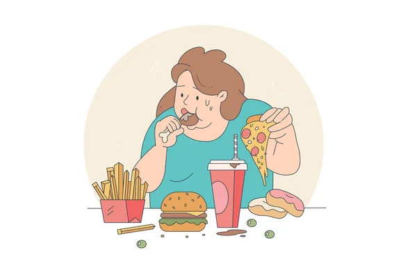 Głodny Jeść Śmieciowe Jedzenie Stole Obraz Ten Może Służyć Pizzy — Wektor stockowy