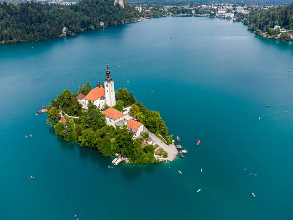 Beautiful Idyllic Aerial View Island Castle Catholic Maria Church Lake — Stock Photo, Image