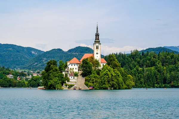 Beautiful Idyllic View Island Castle Catholic Maria Church Lake Bled — Stock Photo, Image