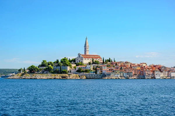 stock image Rovinj. Istra, Croatia. Church of Saint Euphemia. View on peninsula from sea.