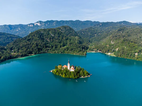 Вид Воздуха Остров Замок Костел Марии Озере Блед Словения — стоковое фото