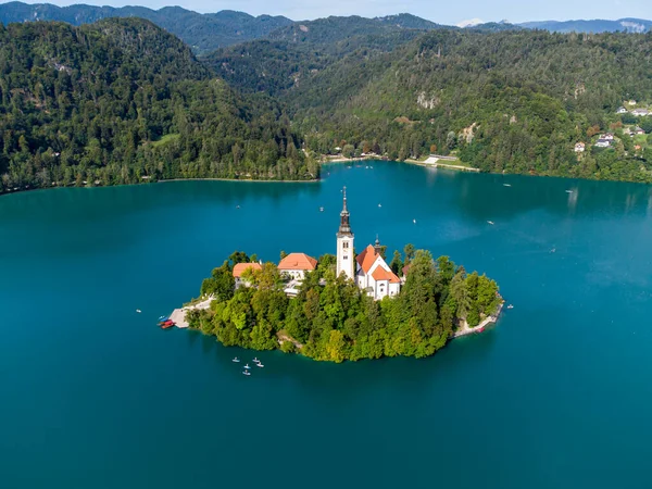 Beautiful Idyllic Aerial View Island Castle Catholic Maria Church Lake — Stock Photo, Image
