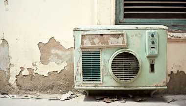 old air conditioner on the facade of an abandoned house with peeling paint